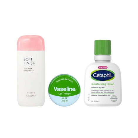 Cetaphil Moisturizing Lotion 59ml & Vaseline Lip Therapy - Aloe & Missha Soft Finish Sun Milk 70ml Combo