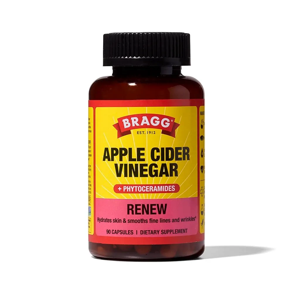 Bragg Renew Apple Cider Vinegar Capsules with Phytoceramides – 90ct | 750mg Acetic Acid for Skin Hydration & Wellness