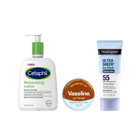 Cetaphil Moisturizing Lotion 473ml & Neutrogena Sunscreen SPF55 88ml & Vaseline Lip Therapy - Cocoa Butter Combo